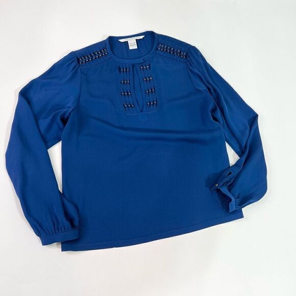 Diane Von Furstenberg Silk Blouse Women 2 Blue V-Neck Long Sleeve Keyhole Accent - Picture 1 of 9